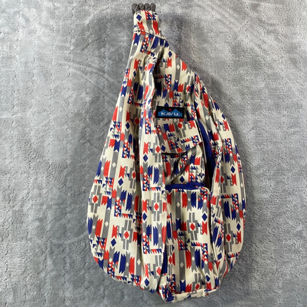 KAVU Rope Sling Bag Backpack Red‎ Blue Geometric Pattern Shoulder Crossbody